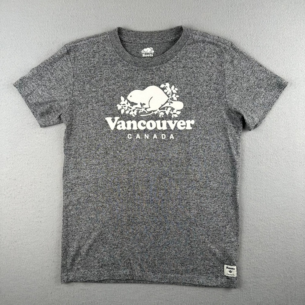 Roots Graphic T-Shirt Unisex XS Gray Vancouver Canada Beaver Logo Heathered Tee